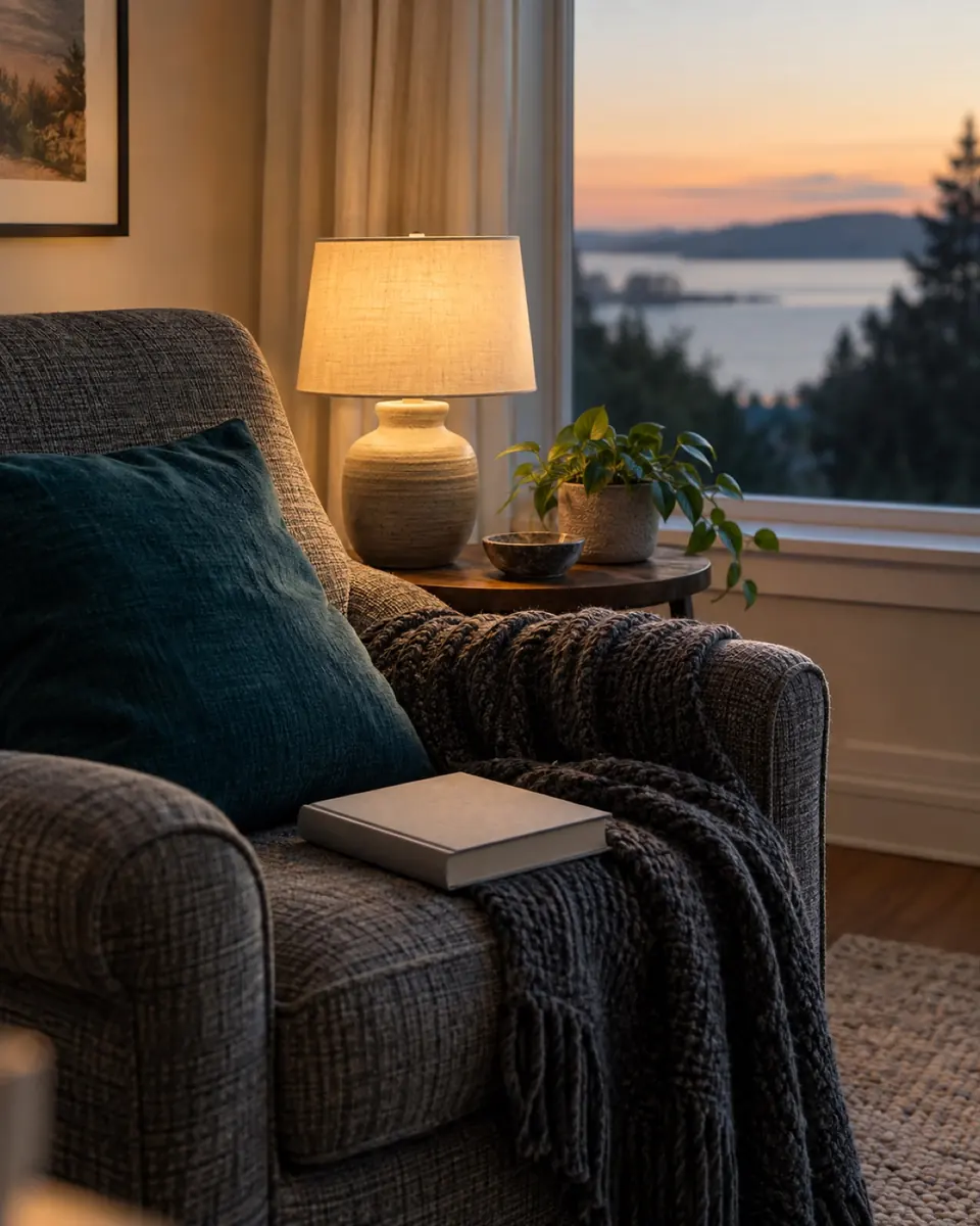 A cozy reading chair with a blanket and a book beside a lamp-lit window at dusk