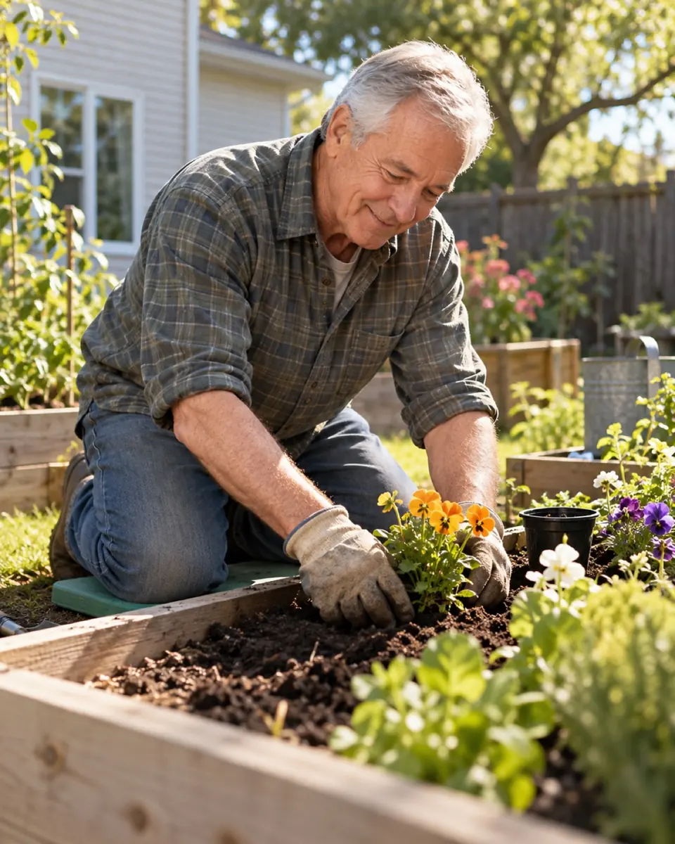 Older man kneeling at a raised garden bed, planting flowers
