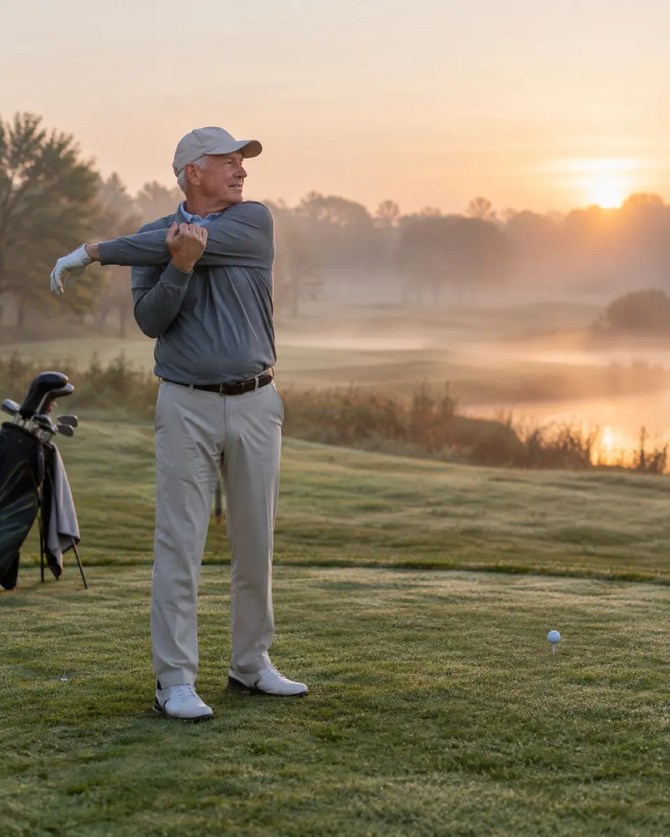 Older man stretching his shoulders on a golf course at sunrise