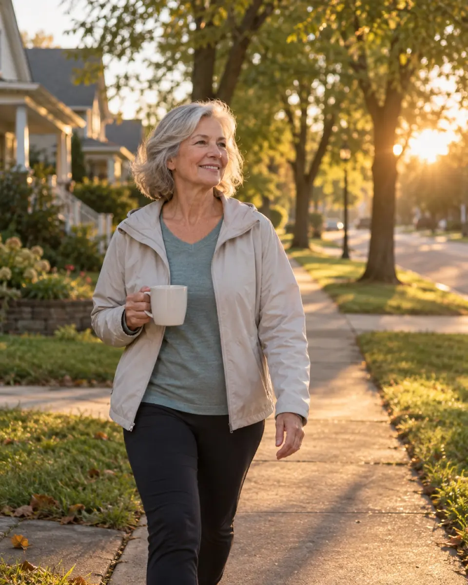 Smiling older woman on a morning walk with a coffee mug
