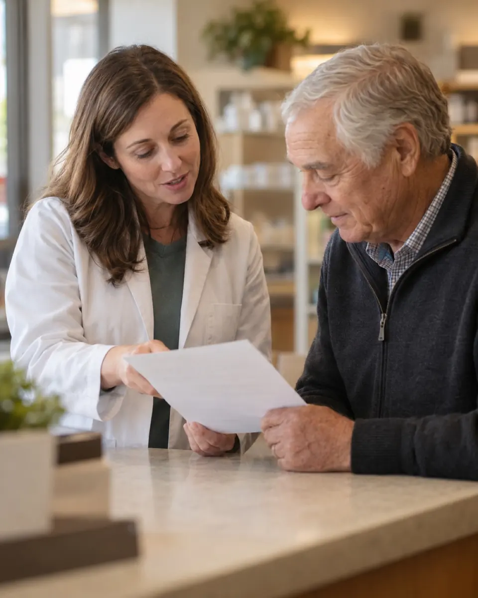 Pharmacist reviewing a printed sheet with an older man at the pharmacy counter