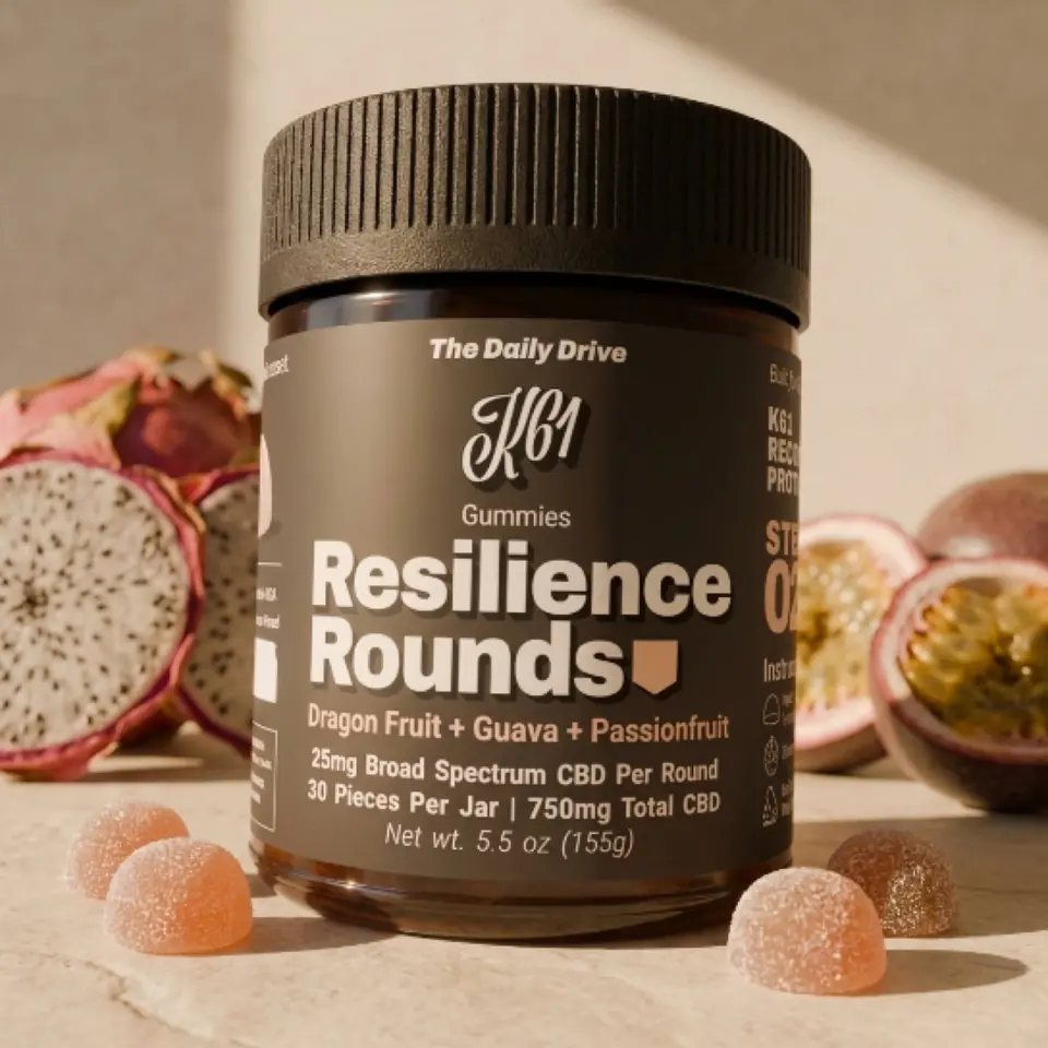 K61 Resilience Rounds broad-spectrum CBD gummies jar with dragon fruit and passionfruit