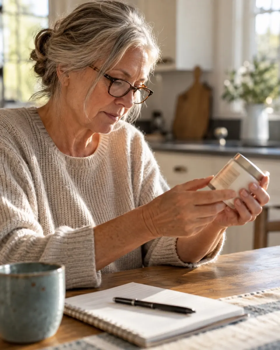 Older woman with reading glasses studying the label on a small jar at her kitchen table