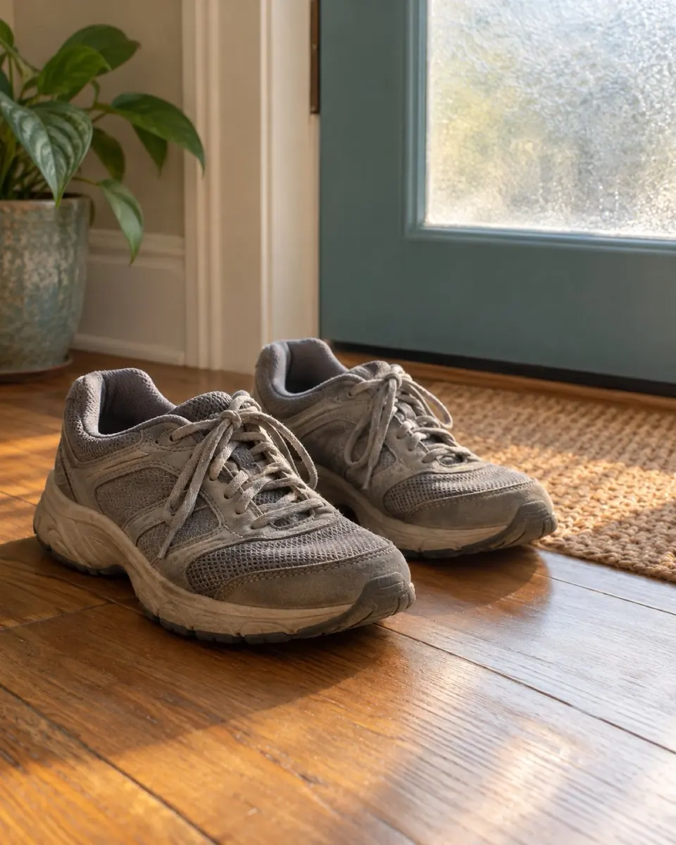 Pair of walking shoes on a wooden floor by a sunny window
